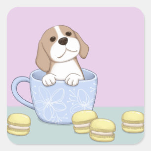 かわいい犬カップ&マカロンイラストレーションアート スクエアシール