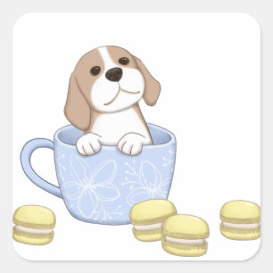 かわいい犬カップ&マカロンイラストレーション スクエアシール