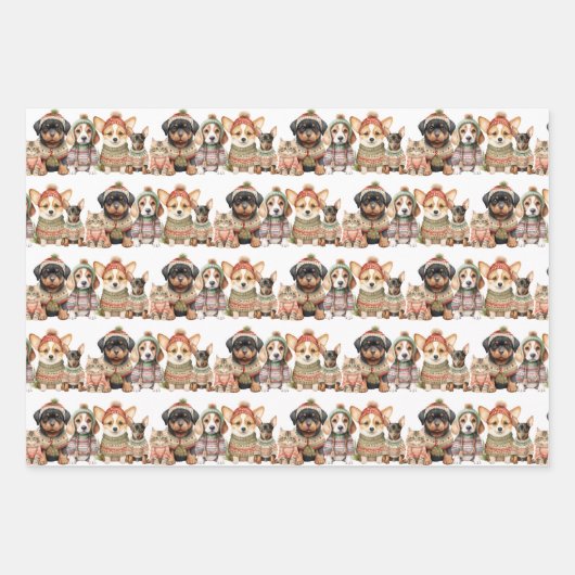 かわいい犬ネコのペット編みセーターのクリスマス ラッピングペーパーシート (正面)