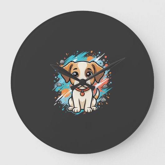 かわいい犬ペイントスプラッシュベクターアート_1 ラージ壁時計 (正面)