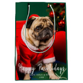 かわいい犬ペットファミリー写真ハッピーPawlidaysグリーン ミディアムペーパーバッグ (正面)