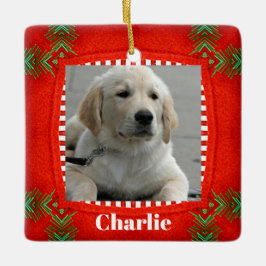 かわいい犬ペットフォトレッドグリーンクリスマス セラミックオーナメント