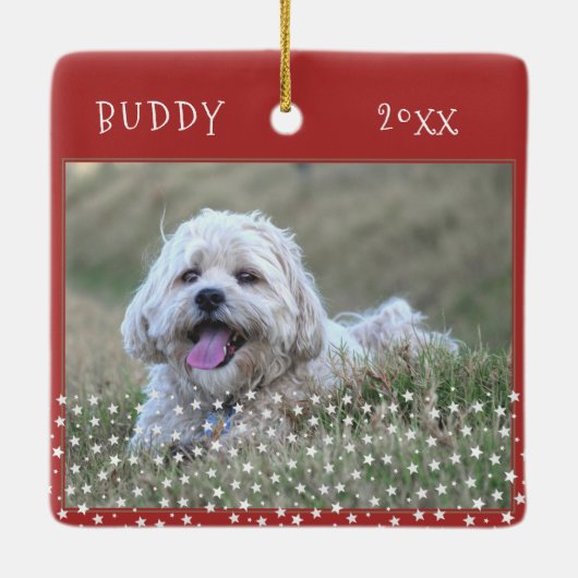 かわいい犬ペット2枚の写真スターパターンレッドクリスマス セラミックオーナメント (裏面)