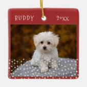 かわいい犬ペット2枚の写真スターパターンレッドクリスマス セラミックオーナメント (正面)