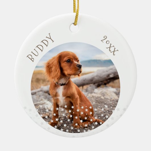 かわいい犬ペット2枚の写真星柄クリスマス セラミックオーナメント (正面)