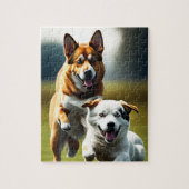 かわいい犬ランニング二匹の芝生と遊犬の ジグソーパズル (縦)