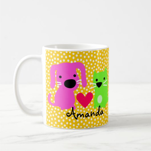かわいい犬及び猫及びハート コーヒーマグカップ (左)