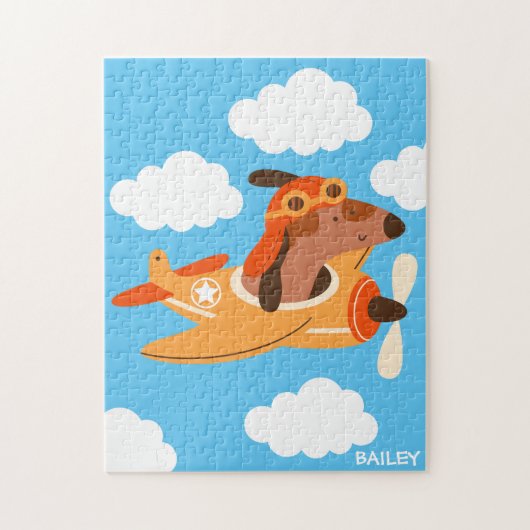 かわいい犬飛んでいるのパイロットパーソナライズされた飛行機 ジグソーパズル (縦)