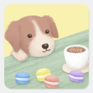 かわいい犬、コーヒー、マカロンイラストレーションアート スクエアシール