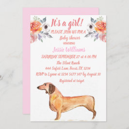 かわいい犬 ダックスフンド 花柄 ピンク ヴァイマーベイビーガール 招待状