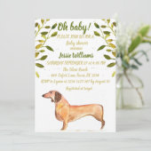 かわいい犬 ダックスフンド 花柄 緑のウィナーベイビーシャワー 招待状 (スタンド正面)