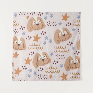 かわいい犬、星、ライン：シームレスなヴィンテージ タペストリー