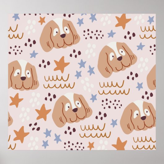 かわいい犬、星、ライン：シームレスなヴィンテージ ポスター (正面)