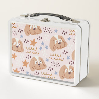 かわいい犬、星、ライン：シームレスなヴィンテージ メタルランチボックス
