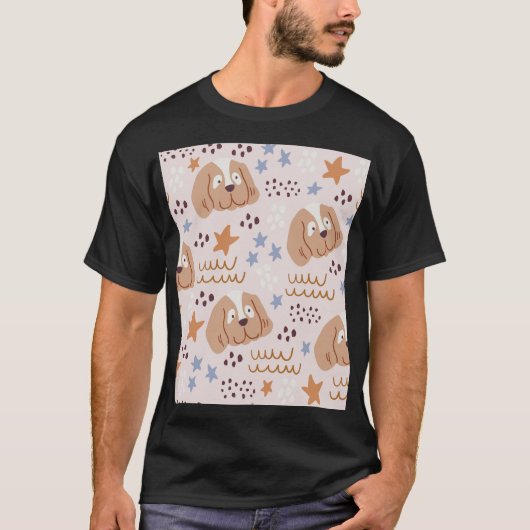 かわいい犬、星、ライン:シームレスなヴィンテージ Tシャツ (正面)