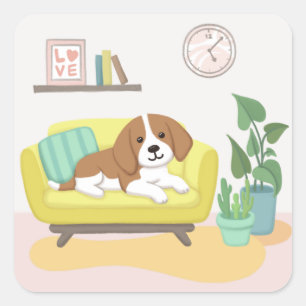 かわいい犬、椅子&植物のイラストアート スクエアシール