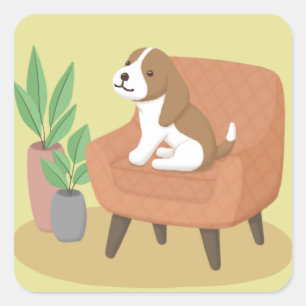 かわいい犬、椅子&植物のイラストアート スクエアシール