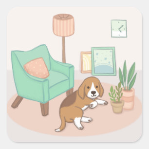 かわいい犬、椅子、植物&その他のイラストレーションアート スクエアシール