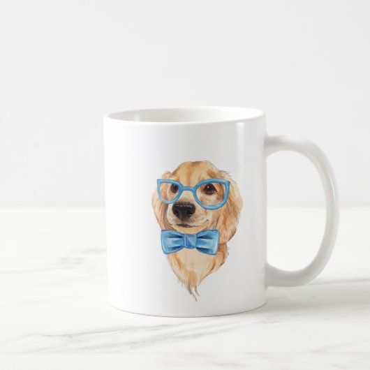 かわいい犬。青い眼鏡と蝶ネクタイ。水彩画 コーヒーマグカップ (右)