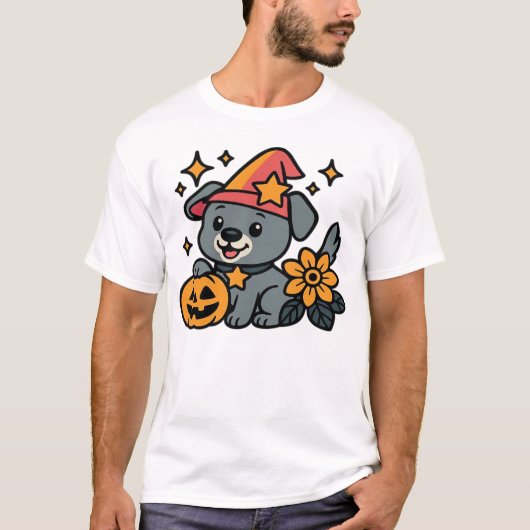かわいい犬 魔女の帽子 かぼちゃ ハロウィン楽しい オーバーサイズ Tシャツ (正面)