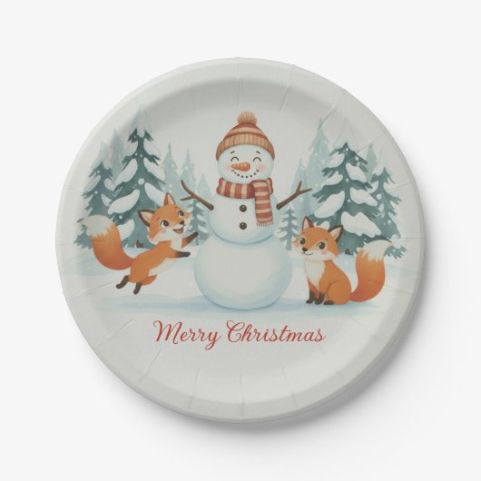 かわいい狐と雪だるま メリークリスマス ペーパープレート (正面)