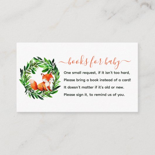 かわいい狐のブックカード 赤ちゃんのシャワー封入カード エンクロージャーカード (正面)