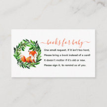 かわいい狐のブックカード 赤ちゃんのシャワー封入カード