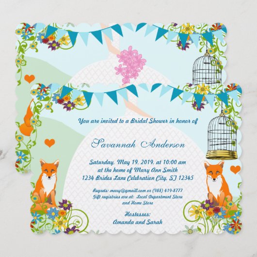 かわいい狐のブンティング ガーデン ブライダル シャワー 招待状 (正面/裏面)