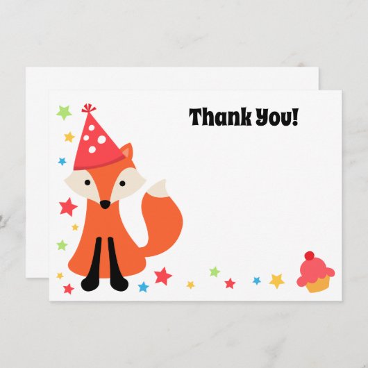 かわいい狐の誕生日パーティー フラット サンクス ノートカード (正面/裏面)