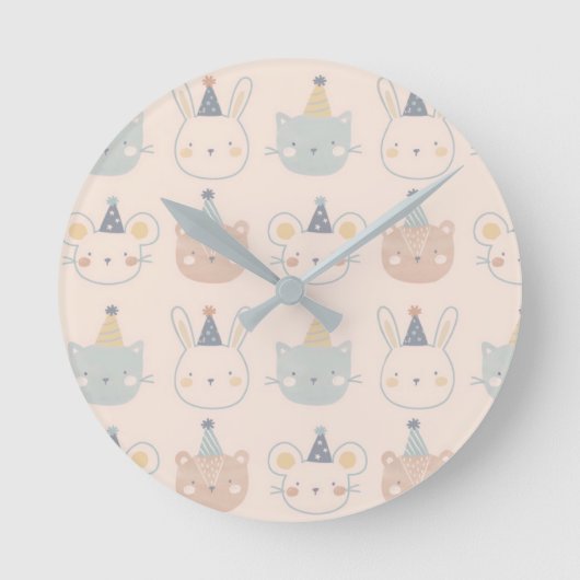 かわいい猫うさぎ熊の顔のパステル柄 ラウンド壁時計 (正面)