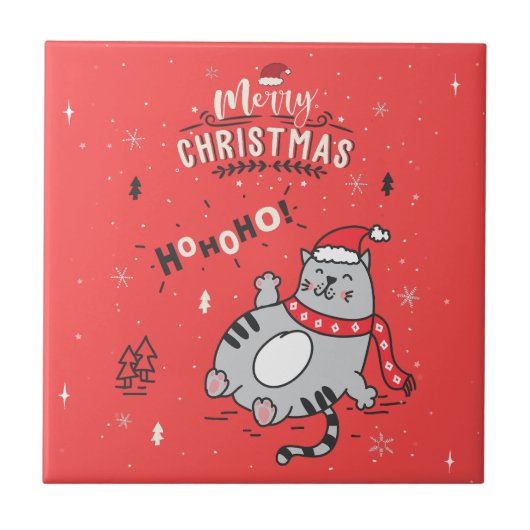 かわいい猫おもしろいのクリスマス、うれしいあいさつ タイル (正面)