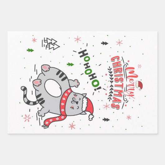 かわいい猫おもしろいのクリスマス、うれしいあいさつ ラッピングペーパーシート (正面2)