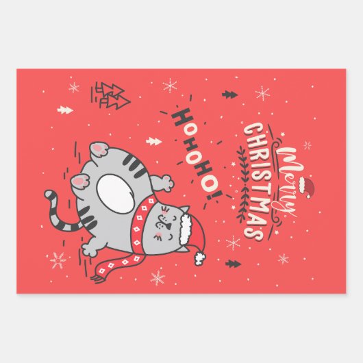 かわいい猫おもしろいのクリスマス、うれしいあいさつ ラッピングペーパーシート (正面)