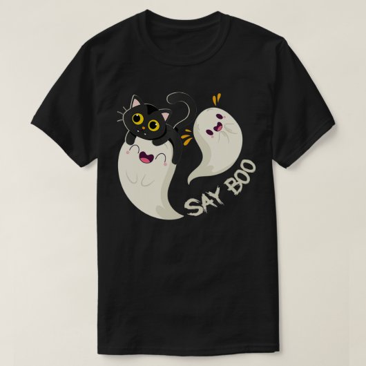 かわいい猫おもしろい幽霊がブハロウィーンの仮装男性を言う Tシャツ (デザイン正面)