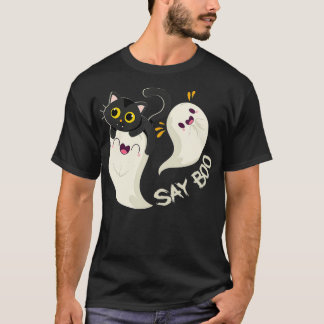 かわいい猫おもしろい幽霊がブハロウィーンの仮装男性を言う Tシャツ