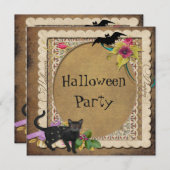 かわいい猫およびこうもりのヴィンテージのハローウィンパーティ 招待状 (正面/裏面)