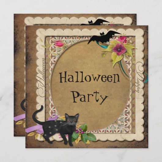 かわいい猫およびこうもりのヴィンテージのハローウィンパーティ 招待状 (正面/裏面)