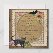 かわいい猫およびこうもりのヴィンテージのハローウィンパーティ 招待状 (裏面)