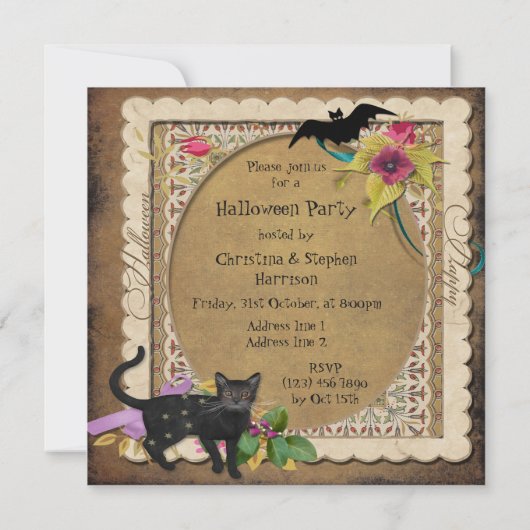 かわいい猫およびこうもりのヴィンテージのハローウィンパーティ 招待状 (裏面)