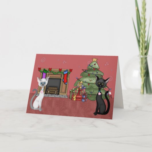 かわいい猫およびクリスマスツリーの休日の挨拶状 シーズンカード (正面)