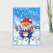 かわいい猫および雪が多いフクロウのクリスマスの冬カード シーズンカード (正面)