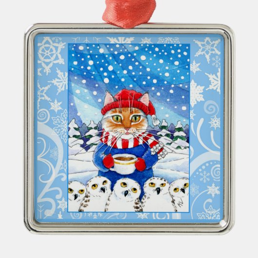 かわいい猫および雪が多いフクロウの雪のオーナメント メタルオーナメント (正面)