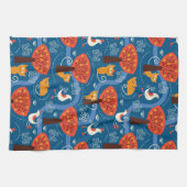 かわいい猫および鳥が付いているパターン キッチンタオル (横)
