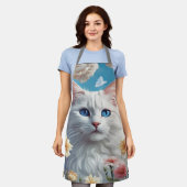 かわいい猫かわいい白いフローラエプロン女性シェフ エプロン (着用した状態)