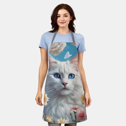 かわいい猫かわいい白いフローラエプロン女性シェフ エプロン (着用した状態)