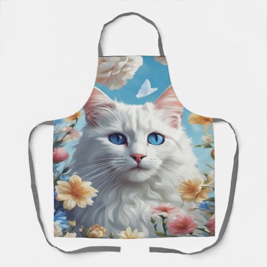 かわいい猫かわいい白いフローラエプロン女性シェフ エプロン (正面)