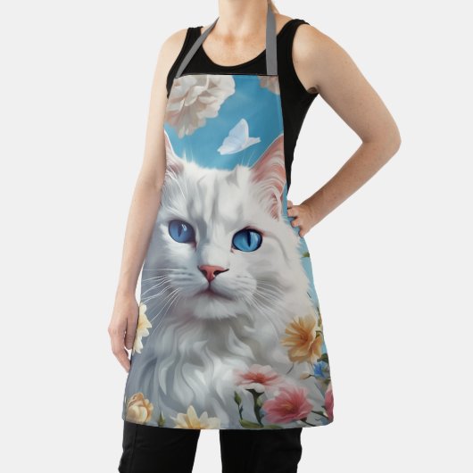かわいい猫かわいい白いフローラエプロン女性シェフ エプロン (インサイチュ)