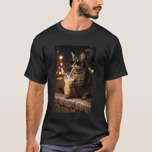 かわいい猫がアイスコーヒーを飲む夜のシーン 長袖 Tシャツ (正面)