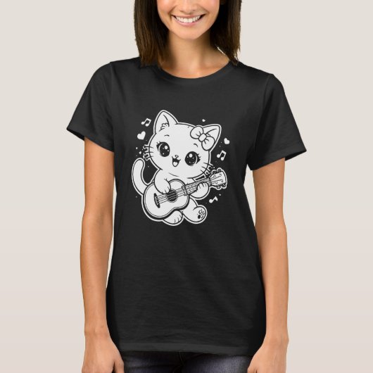 かわいい猫がウクレレを演奏する長袖 Tシャツ (正面)