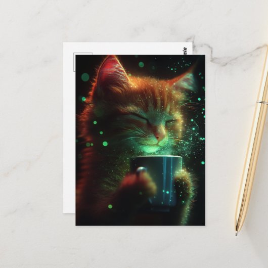 かわいい猫がコーヒーを楽しむ ポストカード (正面/裏面インサイチュ)